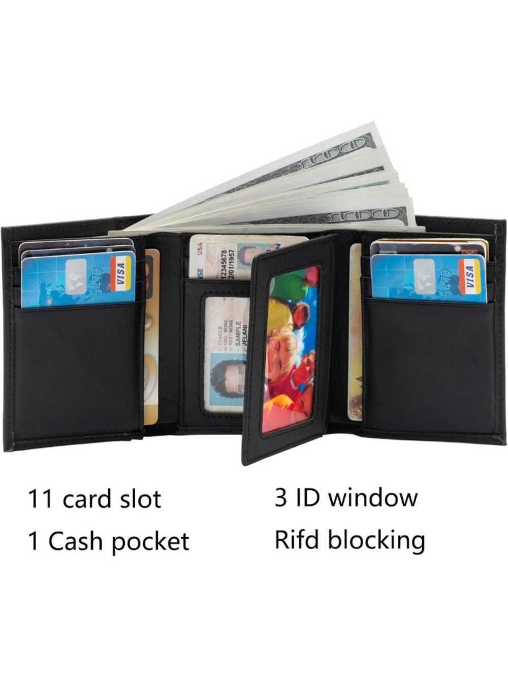 Men's RFID Blocking Trifold Leather Wallet, Genuine Leather, 3 ID Windows, Black - Picture 3 of 6